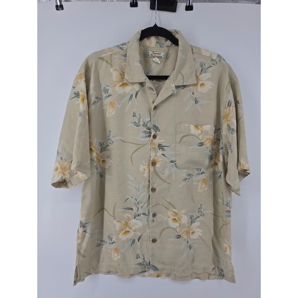 Tommy Bahama Mens Large Silk Floral Camp Shirt Short Sleeve Beige Tropical Lily